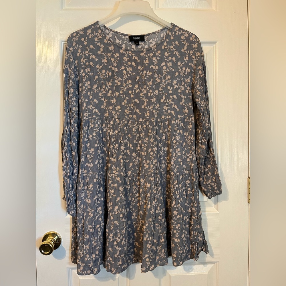 ODDI Slate Blue Floral Round-Neck Mini Dress with Cream Print